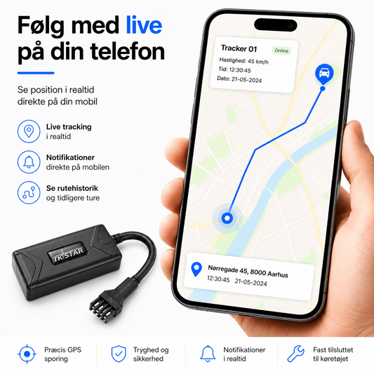 Fast tilsluttet GPS Tracker med APP - Track din bil/Motorcykel og stop motor ved tyveri