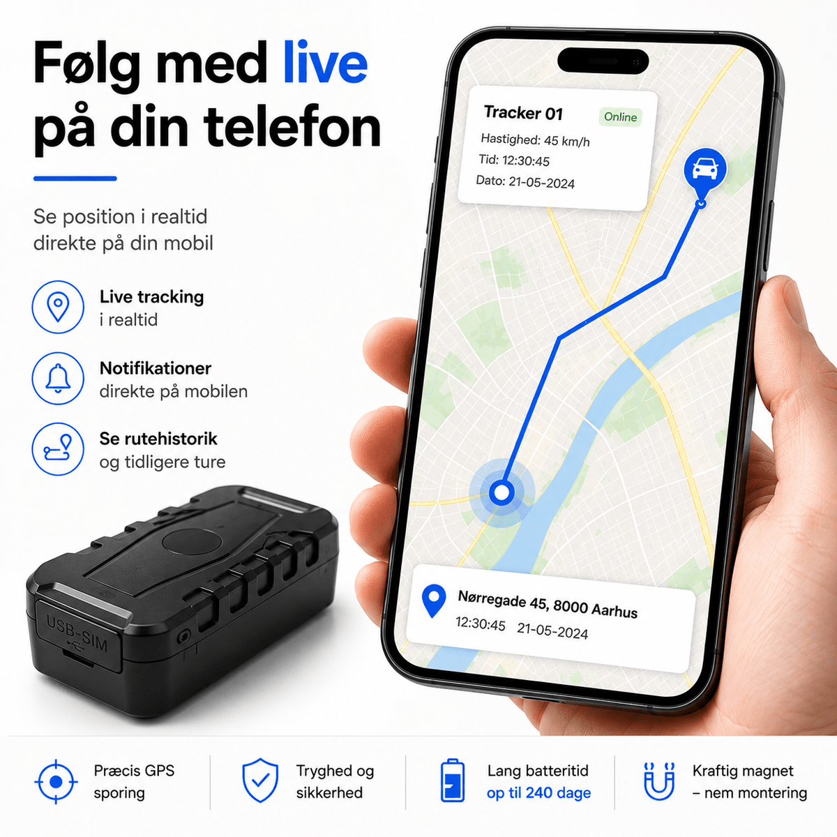 Premium GPS Tracker med APP perfekt til bil/båd/MC - Holder strøm i 240 dage