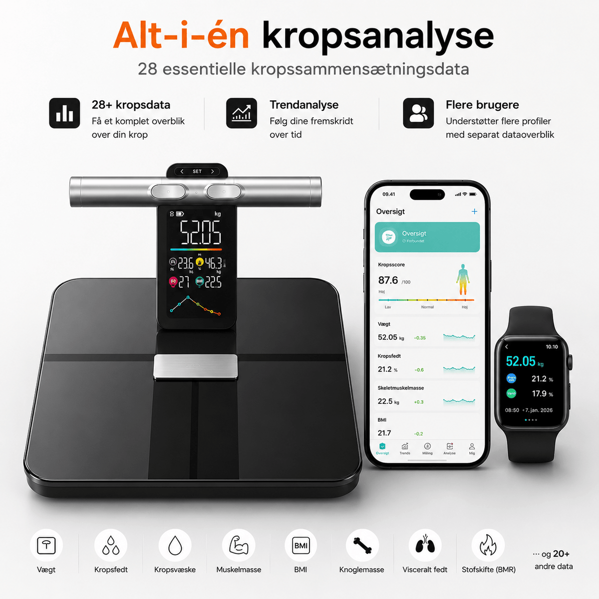 Smart Kropsanalysevægt med 8 Elektroder & Fitdays App