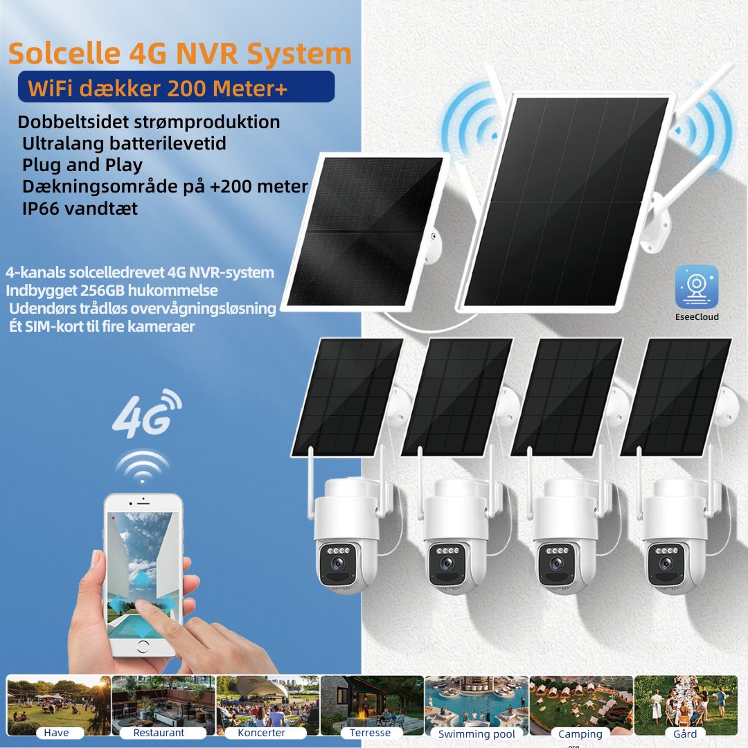 Trådløst solcelledrevet PTZ NVR - overvågningssystem med 4G - forbindelse