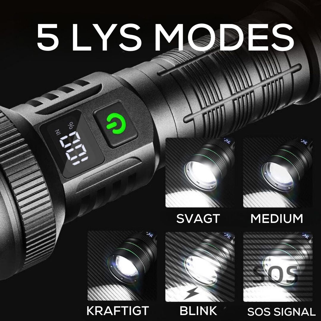 Ultra kraftig lommelygte, 10.000 lumen, 5 modes & powerbank - Lyser op til 1500 meter!,