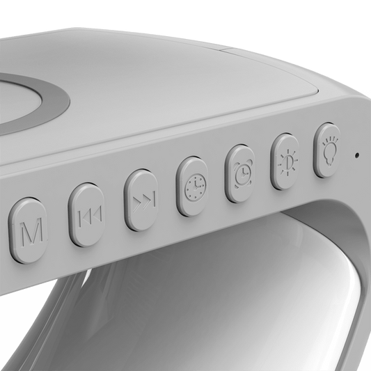 DreamCharge Nightlight - Med 15W trådløs fastcharger, Højtaler, RGB Lys, Ur, Vækkeur og meget mere!